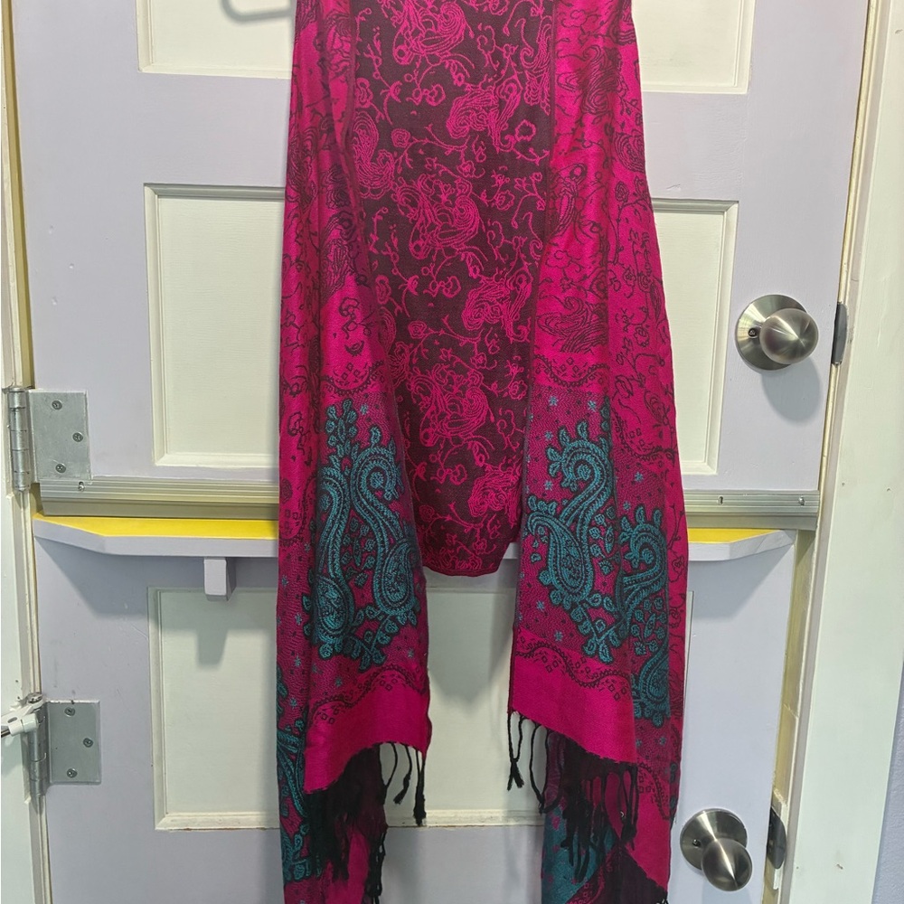 Pink and Teal Paisley Sleeveless Shawl Ruana Wrap